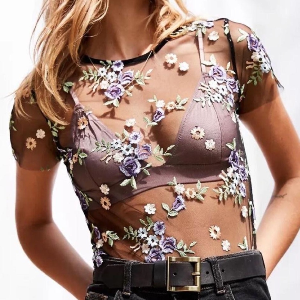 Urban Outfitters Mesh Floral Embroidered Top
